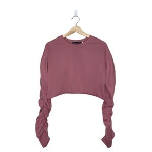 Roma Concepts Sweatshirt Sweater Women Small Pink Ruched Sleeve Cropped Casual